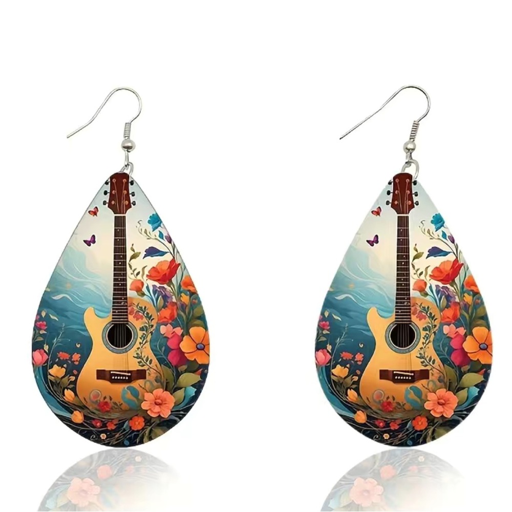 Floral Guitar (B) Wooden Drop Earrings